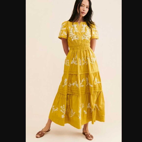 S By Anthropologie The Somerset printed maxi dress yellow embroidered flowers 3 - Picture 2 of 12